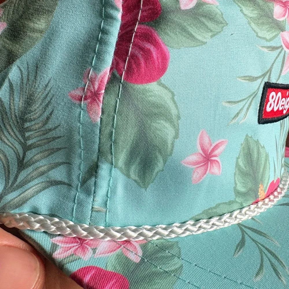 NWT 80eighty Aloha Premium Tropical Floral Rope-Trim Hat - Aqua & Pink - Picture 3 of 9